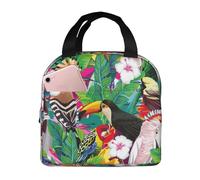 FFCVZAA Bolsa de almuerzo aislada impermeable con estampado de pájaros tropicales y hojas de plantas, fácil de limpiar, paquete escolar para estudiantes, comida, bebida