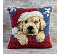 FFDONGTEGO animal Kit de Cojín de Gancho de Pestillo,Labrador retriever con gorro de Papá Noel,Sofá Cushion Cover Embroidery Craft Kit para Principiantes Patrón De Lona Impresa,43x43cm