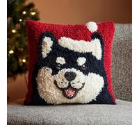 FFDONGTEGO Animales navideños Cojines de Bricolaje con Cierre de Gancho,Husky con un gorro de Papá Noel,Kits de Costura de Fundas de Almohada,Latch Hook Pillowcase Kit,43x43cm