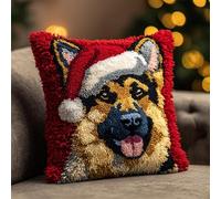 FFDONGTEGO Animales navideños Cojines de Bricolaje con Cierre de Gancho,Perro pastor con gorro de Papá Noel,Kits de Costura de Fundas de Almohada,Latch Hook Pillowcase Kit,43x43cm