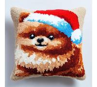 FFDONGTEGO Animales navideños Cojines de Bricolaje con Cierre de Gancho,Pomerania con un gorro de Papá Noel,Kits de Costura de Fundas de Almohada,Latch Hook Pillowcase Kit,43x43cm