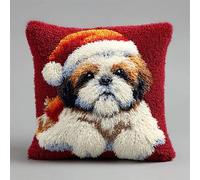 FFDONGTEGO Animales navideños Cojines de Bricolaje con Cierre de Gancho,Shih Tzu con un gorro de Papá Noel,Kits de Costura de Fundas de Almohada,Latch Hook Pillowcase Kit,43x43cm