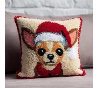 FFDONGTEGO Animales navideños Kits de Gancho de Pestillo DIY Cojín,Chihuahua con un gorro de Papá Noel,funda de almohada de costura,Kit Coussin au Point Noué,Noël/Cadeaux,43x43cm