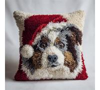 FFDONGTEGO Animales navideños Kits de Gancho de Pestillo DIY Cojín,Perro pastor con gorro de Papá Noel,funda de almohada de costura,Kit Coussin au Point Noué,Noël/Cadeaux,43x43cm