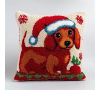 FFDONGTEGO Animales navideños Kits de Gancho de Pestillo DIY Cojín,Perro salchicha con gorro de Papá Noel,funda de almohada de costura,Kit Coussin au Point Noué,Noël/Cadeaux,43x43cm