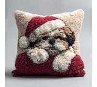 FFDONGTEGO Animales navideños Kits de Gancho de Pestillo DIY Cojín,Shih Tzu con un gorro de Papá Noel,funda de almohada de costura,Kit Coussin au Point Noué,Noël/Cadeaux,43x43cm