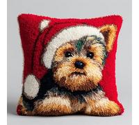 FFDONGTEGO Animales navideños Kits de Gancho de Pestillo DIY Cojín,Yorkshire terrier con un gorro de Papá Noel,funda de almohada de costura,Kit Coussin au Point Noué,Noël/Cadeaux,43x43cm