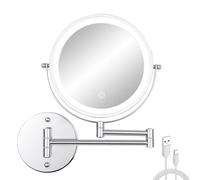 FFowcye Espejo de maquillaje iluminado de 8 pulgadas montado en la pared, espejo de tocador de doble cara con aumento 1X/10X con luces, montaje en pared, espejo giratorio de 360° extensible para baño