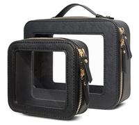 FFpaw Organizador de maquillaje transparente, aprobado por la TSA, portátil, bolsa de aseo de viaje, multiusos, bolsa de cosméticos para mujeres, bolsa de maquillaje de cuero vegano, ventanas de
