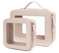 FFpaw Organizador de maquillaje transparente, aprobado por la TSA, portátil, bolsa de aseo de viaje, multiusos, bolsa de cosméticos para mujeres, bolsa de maquillaje de cuero vegano, ventanas de