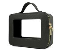 FFpaw Pequeño estuche organizador de maquillaje transparente para mujer, aprobado por la TSA, bolsa de aseo portátil, multiusos, de cuero, impermeable, con cremallera, negro (Medium Black), Neceser de