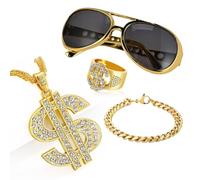 FFTANXS Conjunto de 4 Disfraz de Chulo de Dólar,Cadenas de Rapero,Anillo de Dólar y Accesorios de Gafas de Sol de Dólar,Perfectos Para 70, 80 y 90,Decoración de Fiesta Carnaval,Hip Hop,Rapper