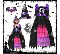 FFTANXS Disfraz de Bruja para Niña, Violeta y Negro, Con Sombrero y Collar, para Halloween Carnaval Cosplay, 4-6 Años