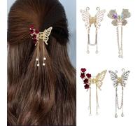 FFWTPY 4 Pinzas para El Pelo de Mariposa con Borla Horquillas de Metal con Perlas y Flores Accesorios para El Cabello Elegantes para Mujeres y Niñas