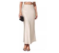 FFWTPY Falda Mujer Elegante Larga de Raso Talle Alto Vintage Lápiz Color Sólido hasta la Rodilla Faldas para Cóctel Casual Fiesta (Beige/M)