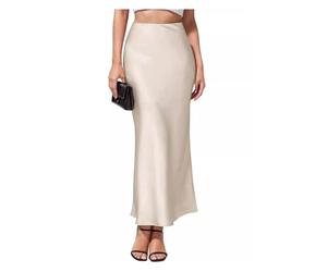 FFWTPY Falda Mujer Elegante Larga de Raso Talle Alto Vintage Lápiz Color Sólido hasta la Rodilla Faldas para Cóctel Casual Fiesta (Beige/M)