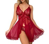 FFWTPY Lencería Sexy de Malla para Mujer Cuello en V Babydoll con Tanga Ropa de Dormir Transparente Camisón de Encaje Interior Camisones Pijamas