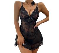 FFWTPY Lingerie Sexy Mujer Eróticos Body Encaje Transparente Lenceria Hot Babydoll Conjunto Picardias Camisón Tirantes Flor Decorativa Ropa Interior Noche