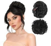 FFWTPY Moño Postizo Rizado Messy Bun Extensión Cabello Sintético Peinado Recogido Elegante Coleta Alta Voluminosa (Negro Natural)