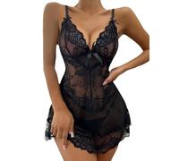FFWTPY Pijama para Mujer Camisón de Encaje Tirantes Ajustables con Lazo Ropa de Dormir Transparente Body Camisones Elegante Conjunto de Noche Diseño de Malla con Flores