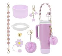 Ffwtpy Set De Pajitas Reutilizables Con Accesorios Elegantes Incluye Pajitas De Silicona Y Acero Inoxidable Cepillo De Limpieza Funda Portátil Y Adornos De Flores Para Botellas Y Vasos(Morado)