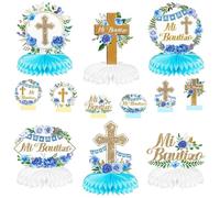 FFyhiinski 12 piezas floral Mi Bautizo Cross Bautismo fiesta centro de mesa azul salvia dorado bautismo decoración de fiesta religiosa Dios bendiga bautizo confirmación fiesta foto accesorios para