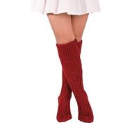 FGFD&OU Calcetines Largos Mujer Calcetines Hasta la Rodilla Caliente Calentadores de Punto Termicos Invierno para Niñas y Mujeres Medias Navideñas (Vino tinto)