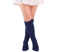 FGFD&OU Calcetines Largos Mujer Calcetines Hasta la Rodilla Caliente Calentadores de Punto Termicos Invierno para Niñas y Mujeres Medias Navideñas (Azul marino)