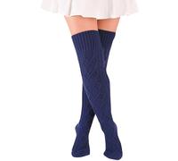 FGFD&OU Calcetines Largos Mujer Calcetines Hasta la Rodilla Invierno Termicos Calentadores de Punto Caliente para Niñas y Mujeres Medias Navideñas (Azul marino)