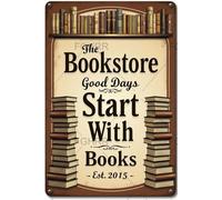 FGHRR The Mysterious Bookstore Good Days Start with Books Est 2015 Metal Tin Wall Rusty Retro Looking Poster Gifts Cafes Bar Club Office Store Yard Garage 30.5 x 20.3 cm