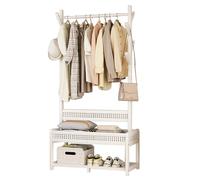 FGHUF Moderno Burro Ropa Dormitorio, Burro Ropa Resistente Multifuncional, Perchero Burro Ropa con Cesta De Almacenamiento, Percheros De Pie Burro Blanco, Burro para Ropa De Bambú(100cm)