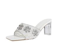 FgigcvE Mules para Mujer con Lentejuelas Brillantes para Bodas y Fiestas, Sandalias deslizantes de Punta Abierta cómodas con tacón Grueso de 3 Pulgadas y Suela Antideslizante,Blanca,35 EU