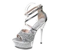 FgigcvE Sandalias de tacón Alto con Punta Abierta y Tiras Cruzadas de Purpurina Plateada para Mujer, Zapatos de Fiesta Elegantes para Baile, Club Nocturno y Desfile de Modelos,Plata,40 EU
