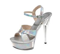 FgigcvE Sandalias de tacón Alto en PU charolado Plateado con Hebilla de Tobillo para Mujer, Tacones de Fiesta Elegantes para Boda, Baile y Desfile de Modelos,Plata,38 EU