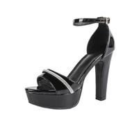 FgigcvE Sandalias para Mujer en PU Charol Negro Punta Abierta con tacón Cuadrado, Zapatos Elegantes para Fiesta Nocturna, Boda y Banquete,Negro,38 EU
