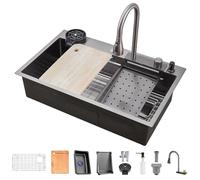 FGNIXLN Fregadero de cocina en cascada, fregadero de acero inoxidable T304, 66 x 50 cm, fregadero de cocina multifuncional, fregadero empotrado, fregadero con grifo multifuncional y varios accesorios