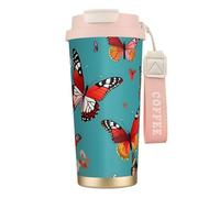 FGPkjh Taza de viaje de acero inoxidable con estampado de mariposas voladoras de gallina entre flores para oficina, camping, café, recipiente para bebidas