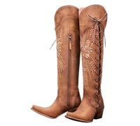 FGRID Botas Vaqueras por Encima la Rodilla para Mujer, Botas Altas hasta el Muslo Cordones Ajustables y Bordados, Botas Tubo largas con Cremallera y tacón Grueso para Invierno,Marrón,38