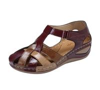 FGRID Sandalias ortopédicas para Mujer, Sandalias de Moda con Punta Cerrada y Soporte de Arco, Sandalias Romanas de Cuero con cuña para juanetes de Verano.,Wine Red,39
