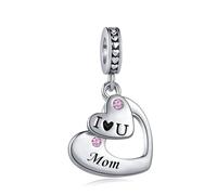 FGT Abalorio colgante de corazón doble rosa con texto en inglés "I Love You Family" para pulseras Pandora, regalo de Navidad, cumpleaños, joyería para mujeres, amigas, hija, madre, esposa, nieta