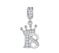 FGT Abalorio colgante de número de cumpleaños de celebración con corona de tiara, compatible con pulseras Pandora Moments para mujer y familia, circonita cúbica plata, One Size, Cobre Zirconia cúbica