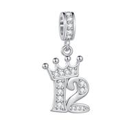 FGT Abalorio colgante de número de cumpleaños de celebración con corona de tiara, compatible con pulseras Pandora Moments para mujer y familia, circonita cúbica de plata, talla única, Cobre Zirconia