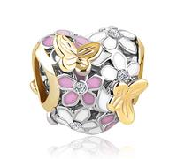 FGT Abalorio de corazón de mariposa para pulseras, collares, colgantes compatibles con pulseras Pandora, oro rosa y blanco, Zirconia cúbica, No es una piedra preciosa