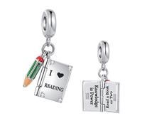 FGT Abalorio de lápiz de libro que se puede abrir compatible con pulseras de abalorios Pandora, regalo para mujeres, hija, nieta, cumpleaños, Me Encanta Leer El Conocimiento es Poder, talla única
