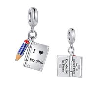 FGT Abalorio de lápiz de libro que se puede abrir para pulseras Pandora Charms Moments Knowledge is Power I Love Reading, talla única, Cobre Zirconia cúbica, Circonita cúbica