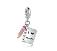 FGT Abalorio de lápiz de libro que se puede abrir para pulseras Pandora, regalo para mujeres, hija, nieta, cumpleaños, I Love Reading Knowledge is Power, talla única, Cobre Zirconia cúbica, Circonita