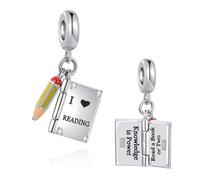 FGT Abalorio de lápiz de libro que se puede abrir para pulseras Pandora, regalo para mujeres, hija, nieta, cumpleaños, I Love Reading Knowledge is Power, talla única, Cobre Zirconia cúbica, Circonita