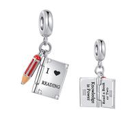 FGT Abalorio de lápiz de libro que se puede abrir para pulseras Pandora, regalo para mujeres, hija, nieta, cumpleaños, I Love Reading Knowledge is Power, talla única, Cobre Zirconia cúbica, Circonita