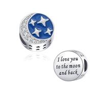 FGT Abalorio de luna y estrella con texto en inglés "I Love You to the Moon and Back", compatible con pulseras Pandora, talla única, Cobre, No es una piedra preciosa