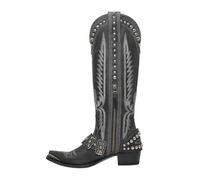 FGUJSUR Botas largas de vaquero competitivas for mujer, botines hasta la rodilla con remaches Retro Metal, tacón grueso, sin cordones, talla grande(Black,35)